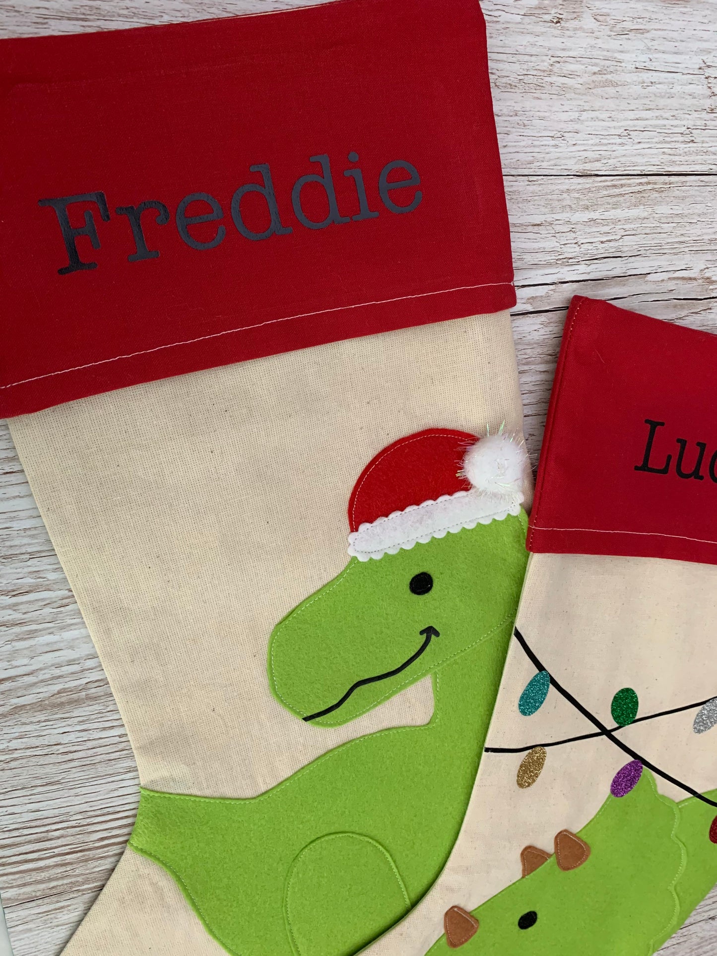 Personalised dinosaur Christmas stocking, Christmas Dino stocking, dinosaur stocking