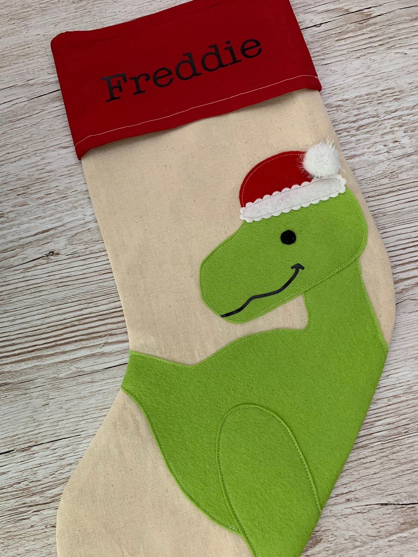 Personalised dinosaur Christmas stocking, Christmas Dino stocking, dinosaur stocking
