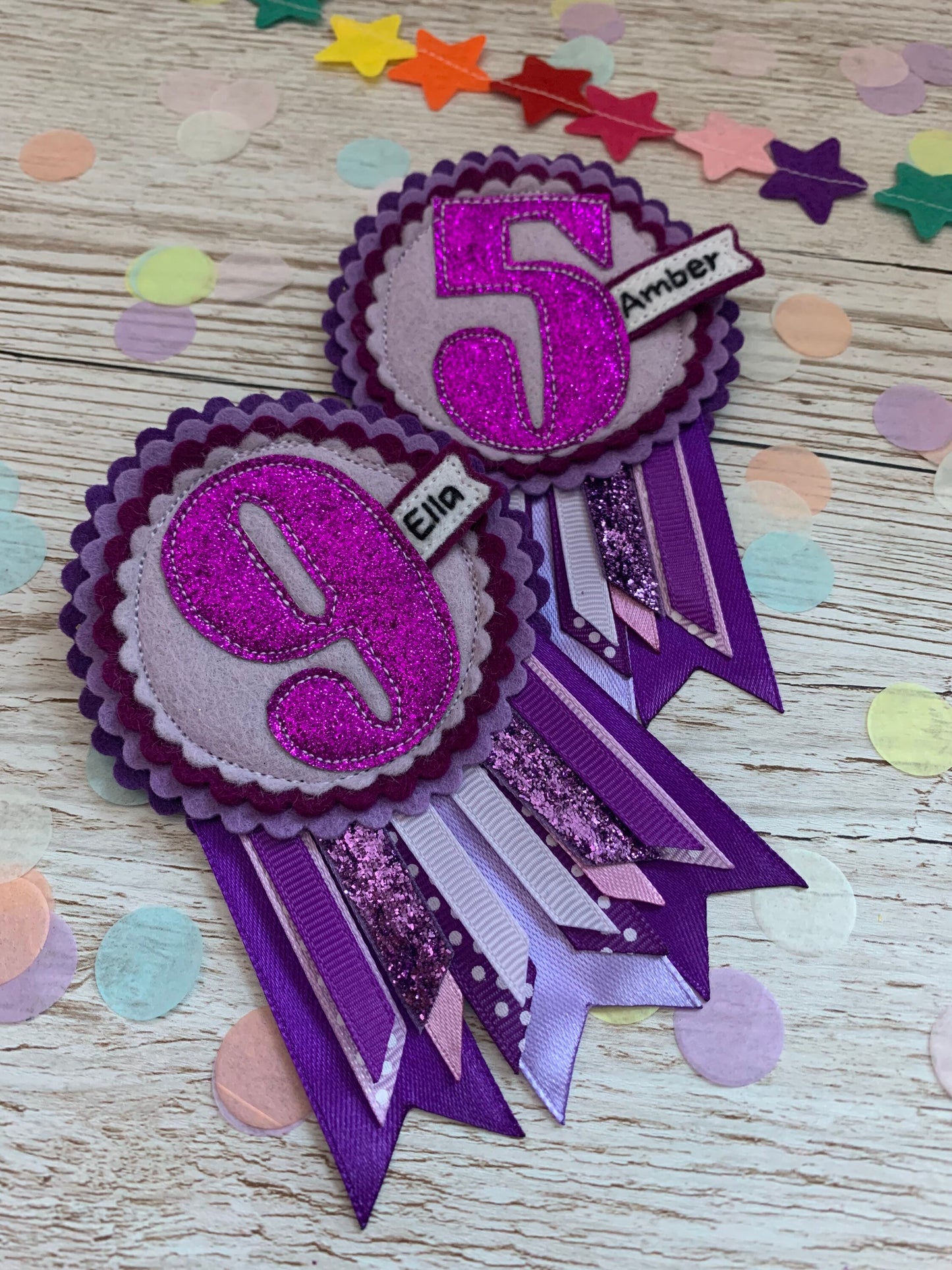 Purple personalised age birthday badge rosette, birthday badge, personalised birthday badge, purple birthday badge, name birthday badge