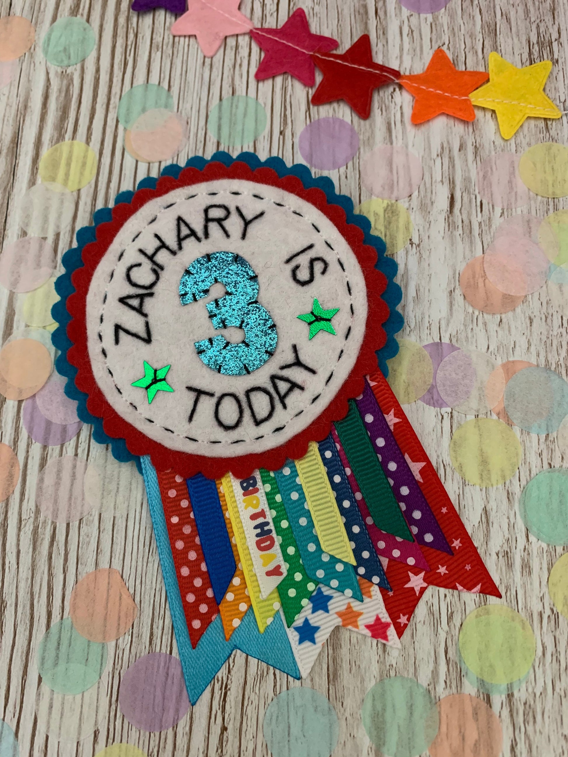 Personalised birthday badge rosette, birthday badge, personalised birthday badge, rainbow birthday badge, name birthday badge