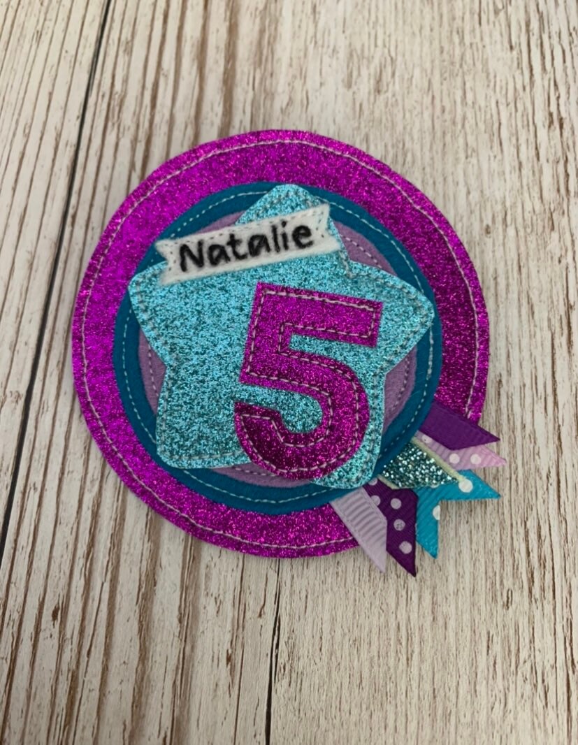 Purple and teal personalised age birthday badge rosette, birthday badge, personalised birthday badge, star birthday badge