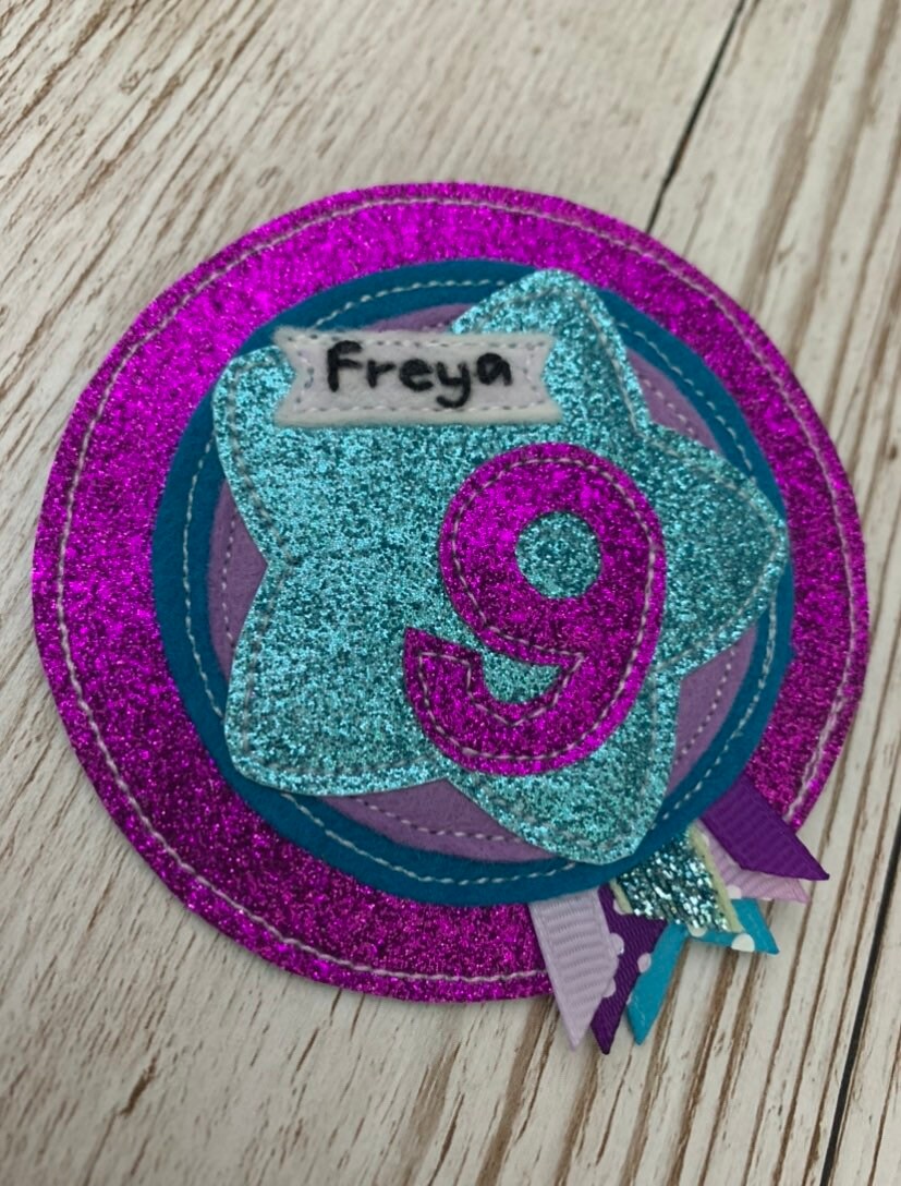 Purple and teal personalised age birthday badge rosette, birthday badge, personalised birthday badge, star birthday badge