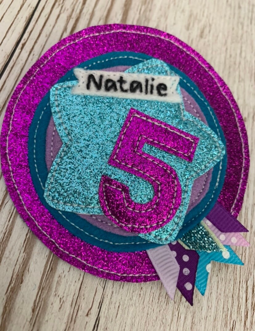 Purple and teal personalised age birthday badge rosette, birthday badge, personalised birthday badge, star birthday badge