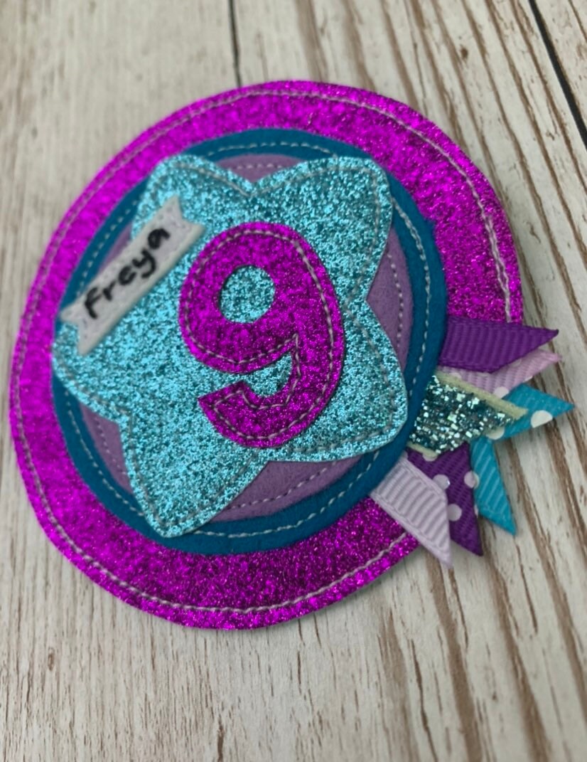 Purple and teal personalised age birthday badge rosette, birthday badge, personalised birthday badge, star birthday badge