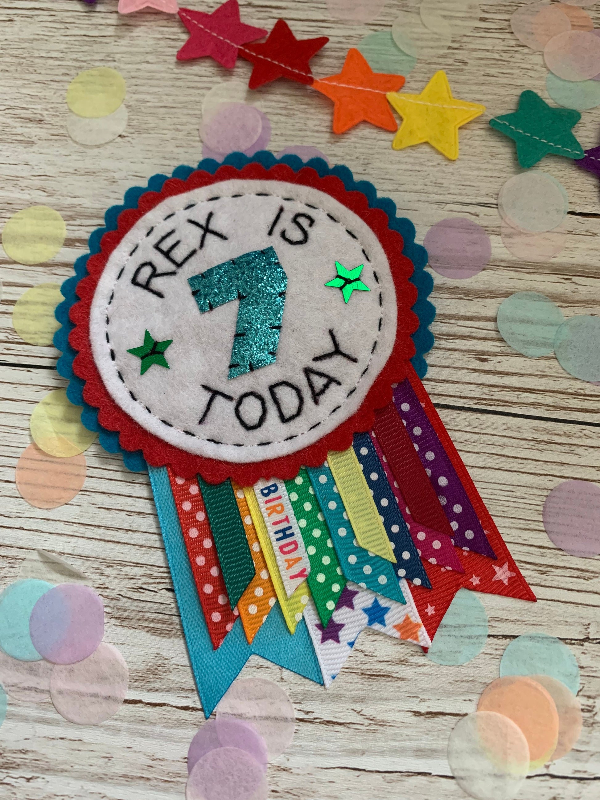 Personalised birthday badge rosette, birthday badge, personalised birthday badge, rainbow birthday badge, name birthday badge