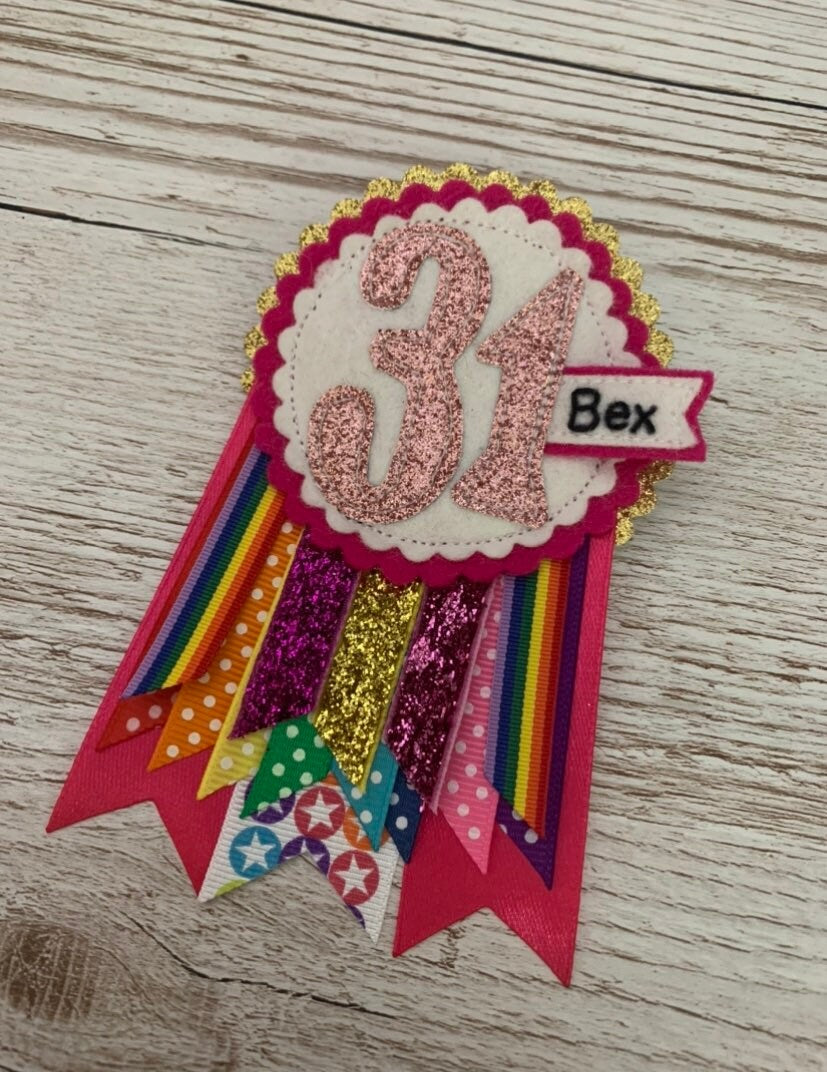 Pink rainbow sparkle personalised birthday badge rosette, birthday badge, personalised birthday badge, pink birthday badge, rainbow birthday