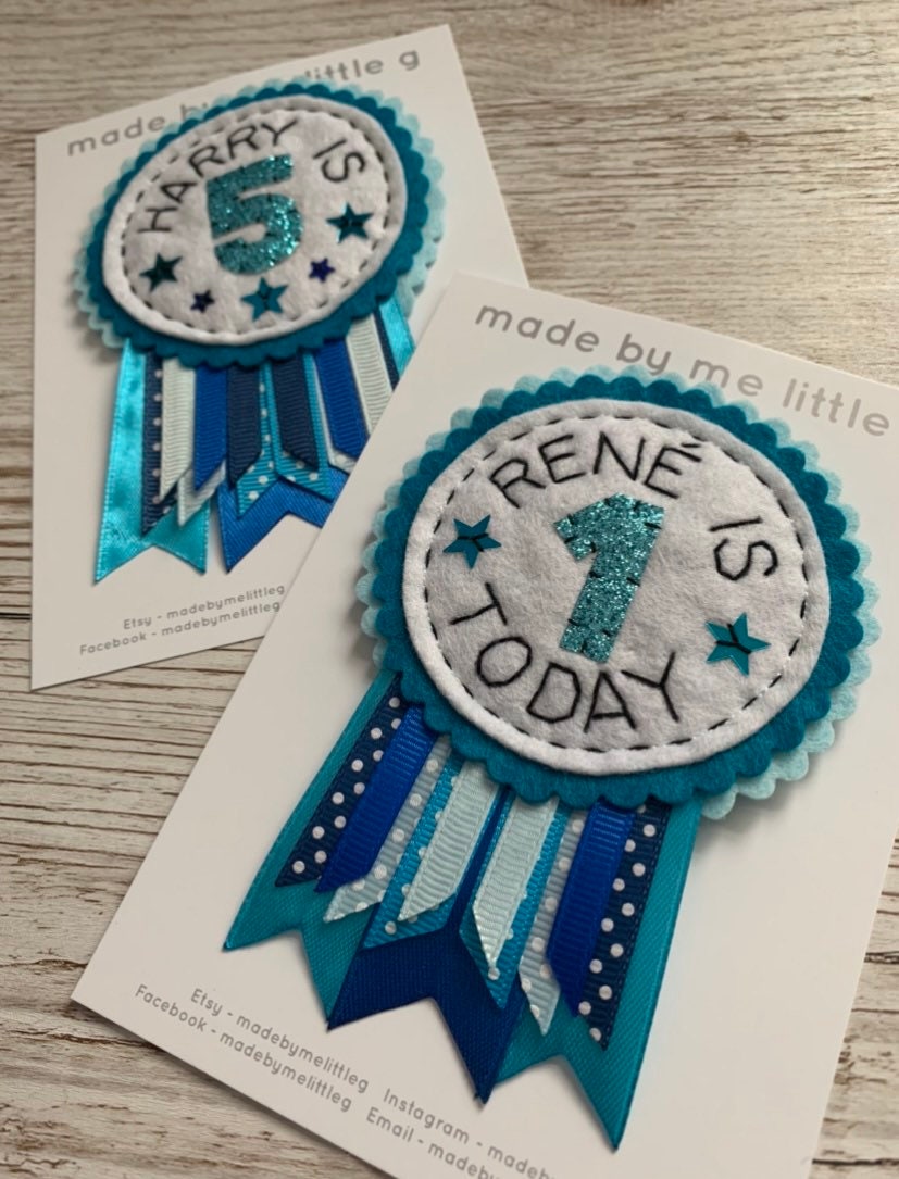 Blue personalised birthday badge rosette, birthday badge, personalised birthday badge, blue birthday, blue badge, name birthday badge