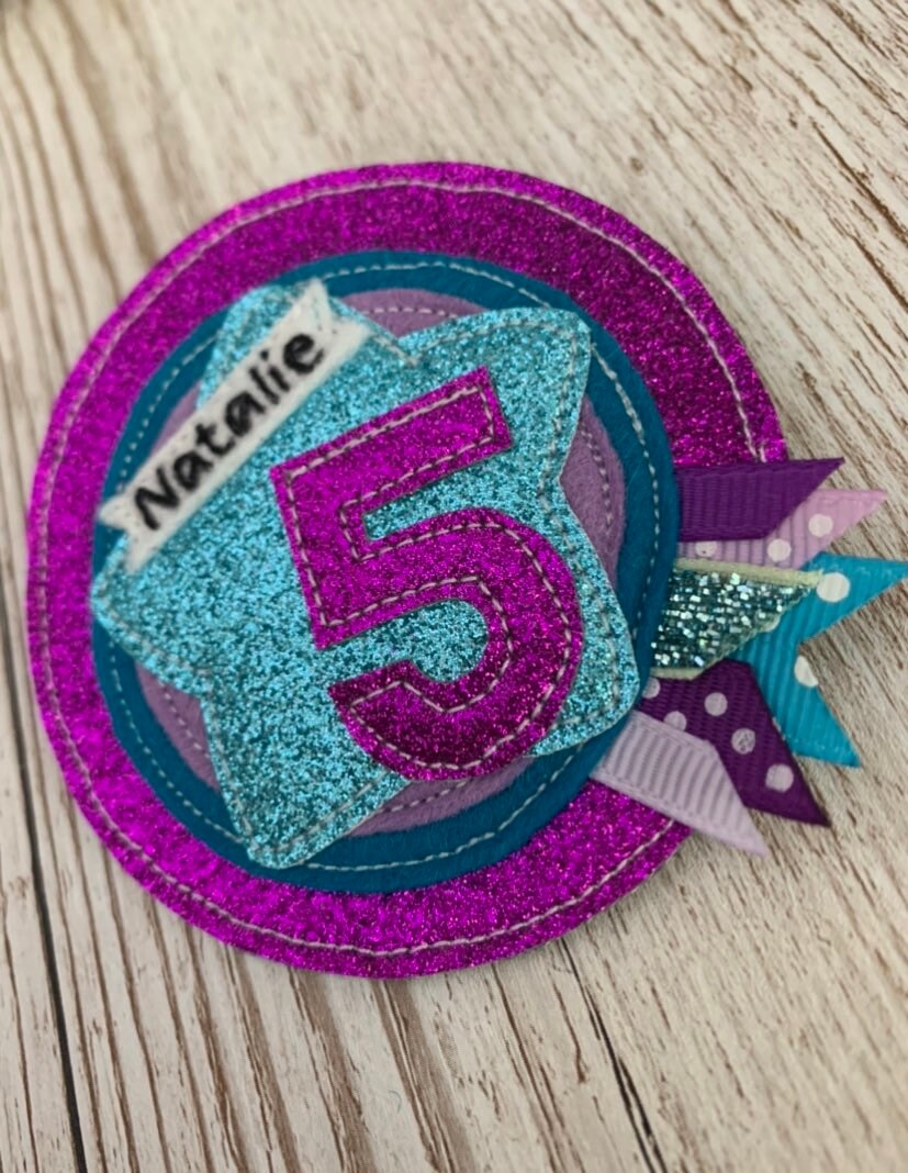 Purple and teal personalised age birthday badge rosette, birthday badge, personalised birthday badge, star birthday badge