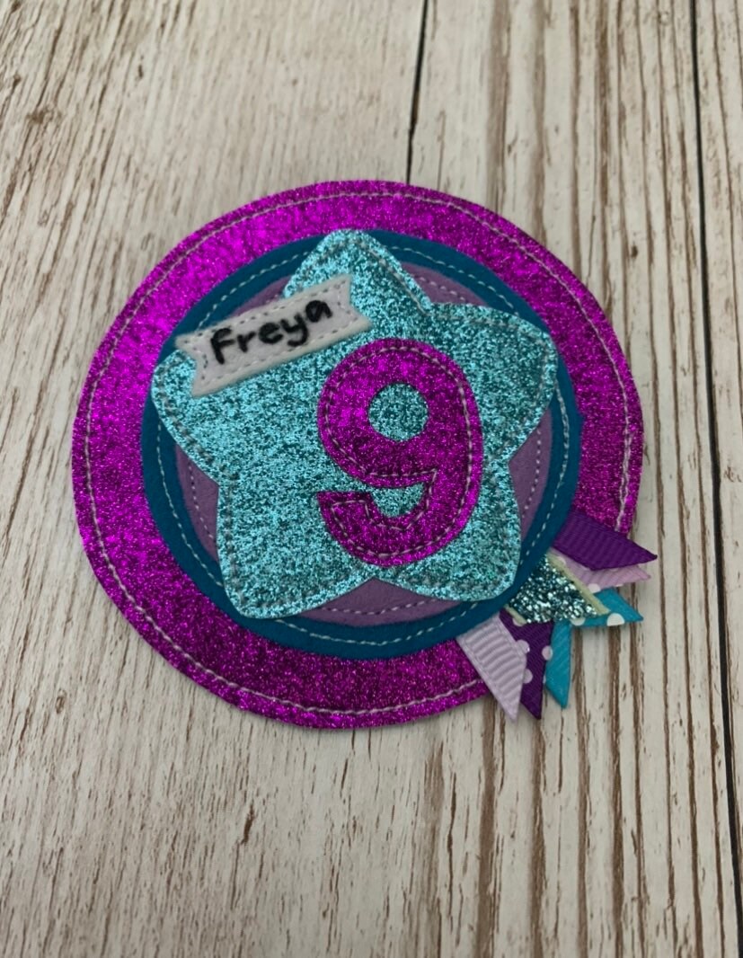 Purple and teal personalised age birthday badge rosette, birthday badge, personalised birthday badge, star birthday badge