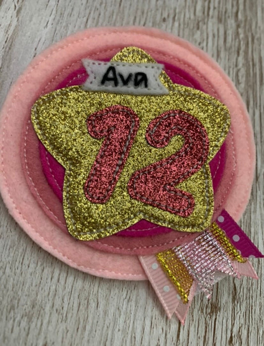 Pink and gold personalised age birthday badge rosette, birthday badge, personalised birthday badge, gold birthday badge