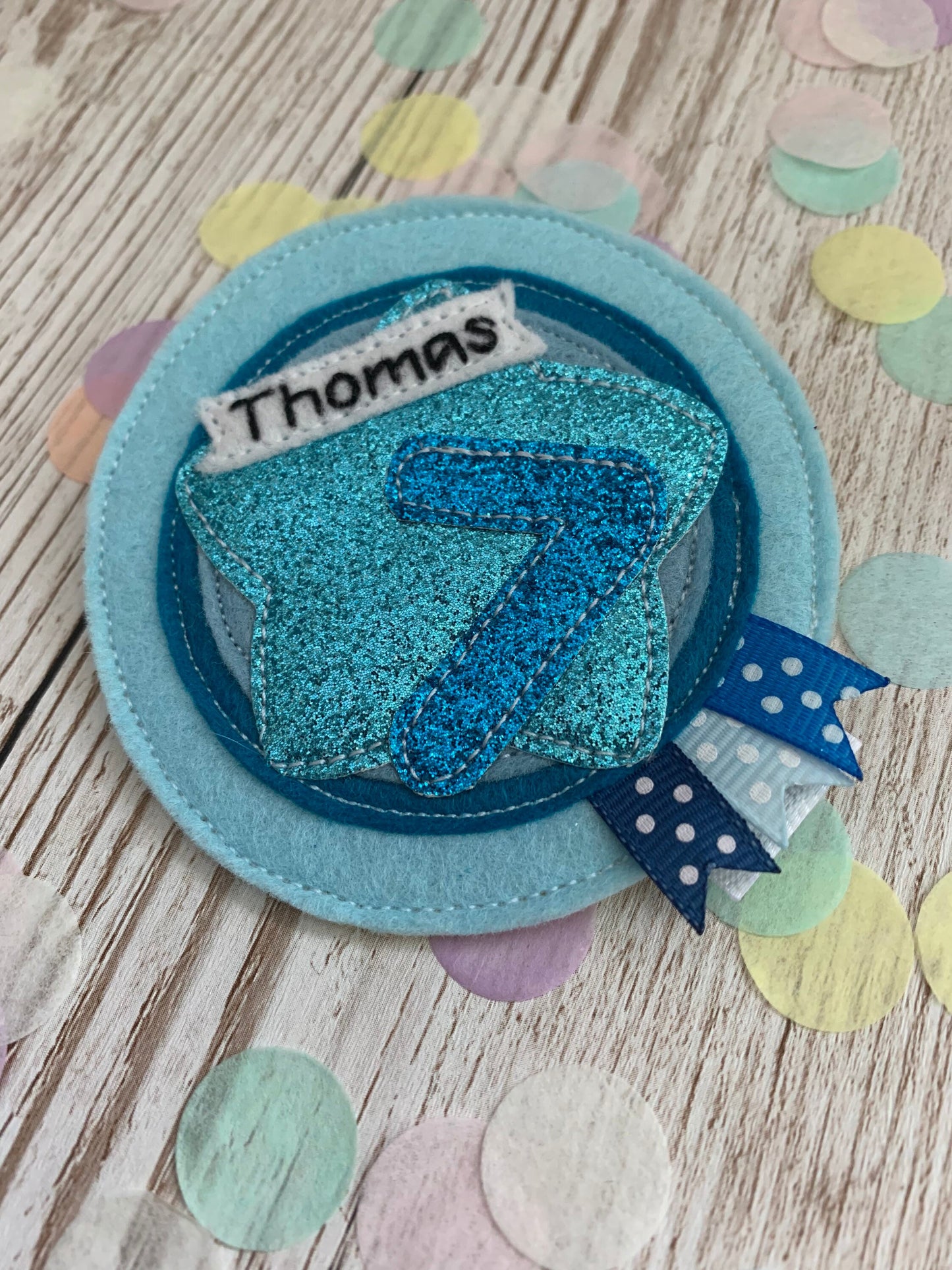 Birthday badge, Blue personalised age birthday badge rosette, personalised birthday badge