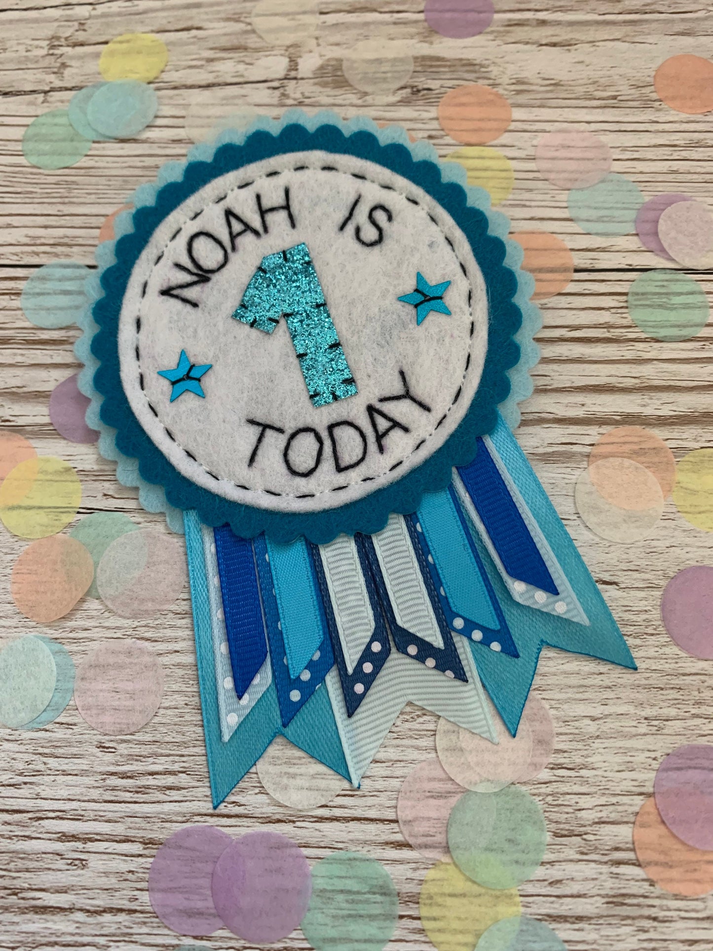 Blue personalised birthday badge rosette, birthday badge, personalised birthday badge, blue birthday, blue badge, name birthday badge