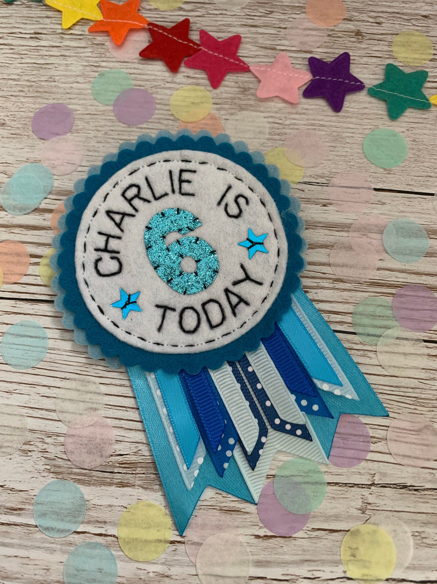 Blue personalised birthday badge rosette, birthday badge, personalised birthday badge, blue birthday, blue badge, name birthday badge