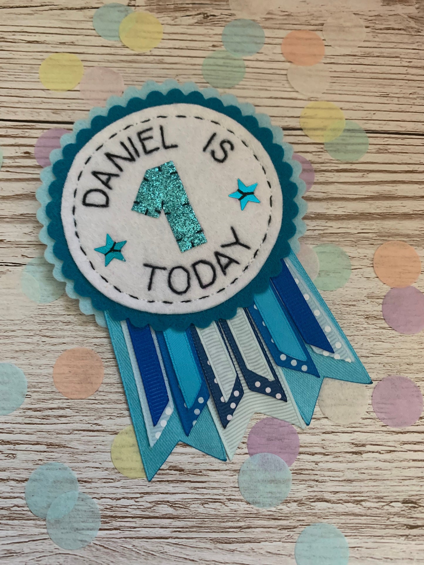 Blue personalised birthday badge rosette, birthday badge, personalised birthday badge, blue birthday, blue badge, name birthday badge