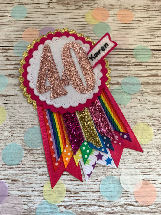 Pink rainbow sparkle personalised birthday badge rosette, birthday badge, personalised birthday badge, pink birthday badge, rainbow birthday