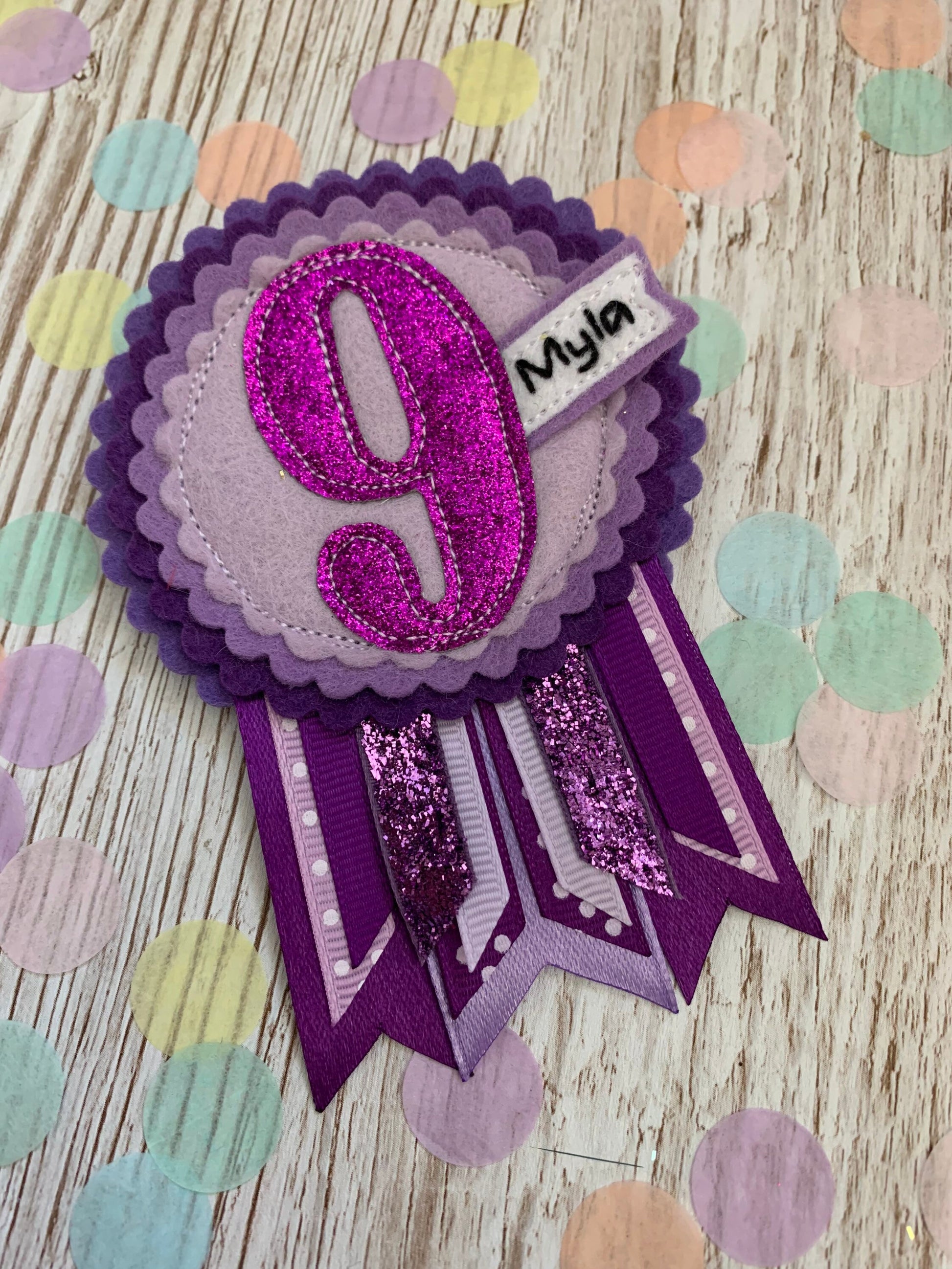 Purple personalised age birthday badge rosette, birthday badge, personalised birthday badge, purple birthday badge, name birthday badge