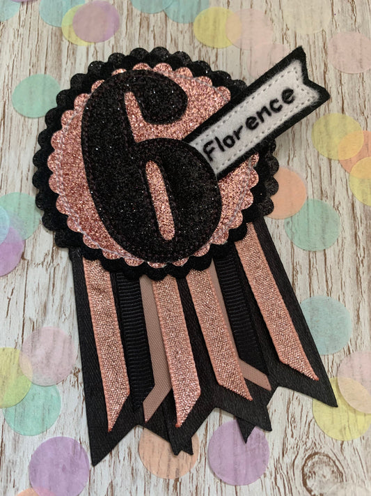 Birthday badge, Black and rose gold personalised age birthday rosette, birthday badge