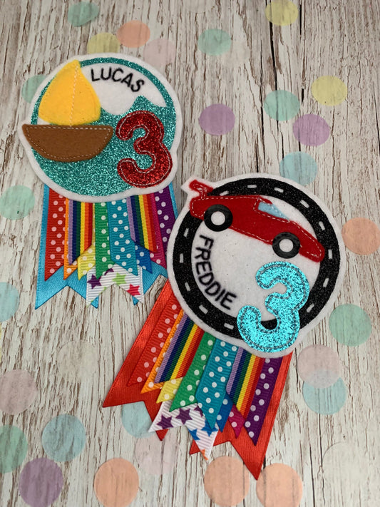 Personalised birthday badge rosette, birthday badge, car birthday badge, boat birthday badge, digger birthday badge