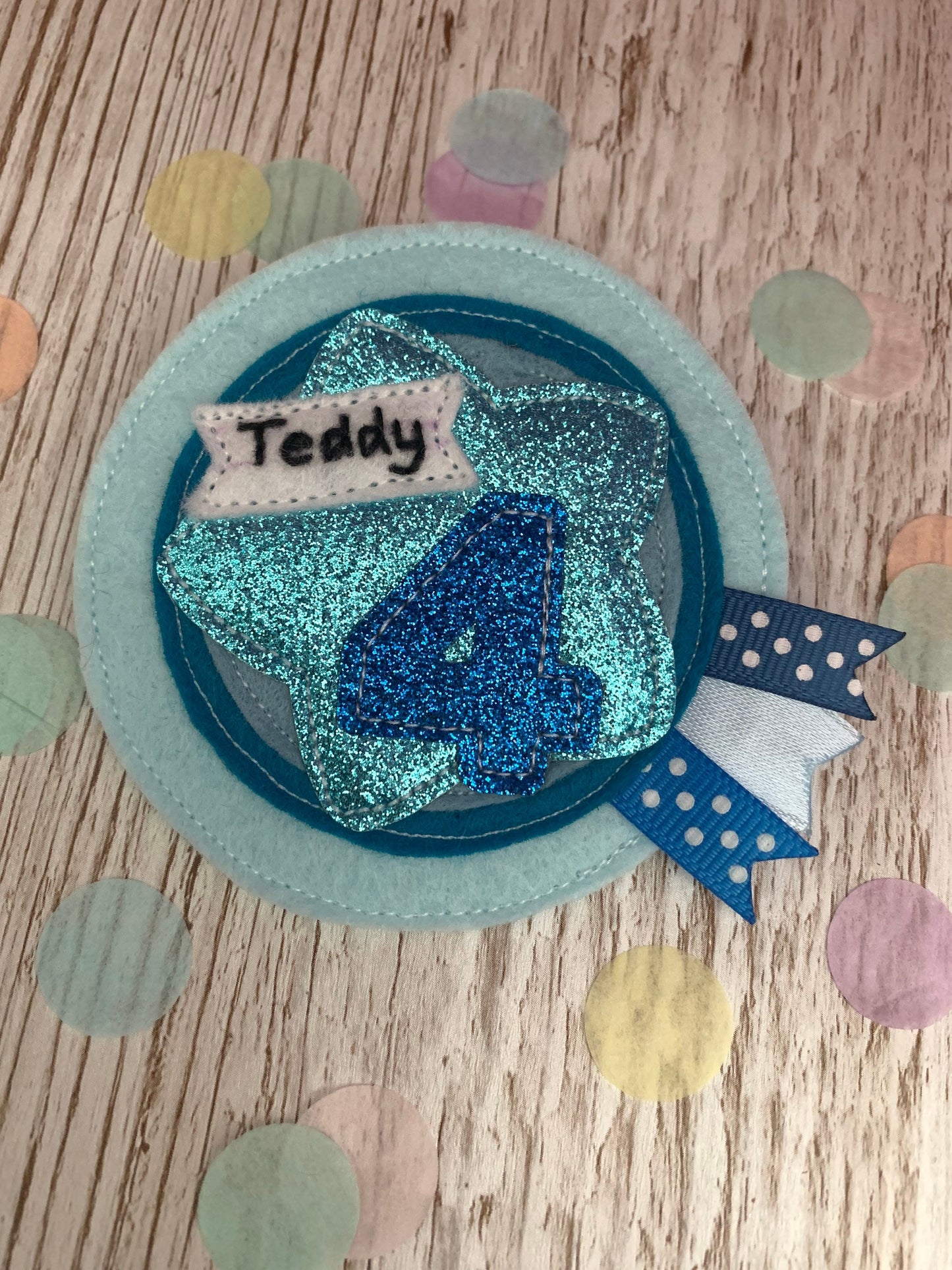 Birthday badge, Blue personalised age birthday badge rosette, personalised birthday badge