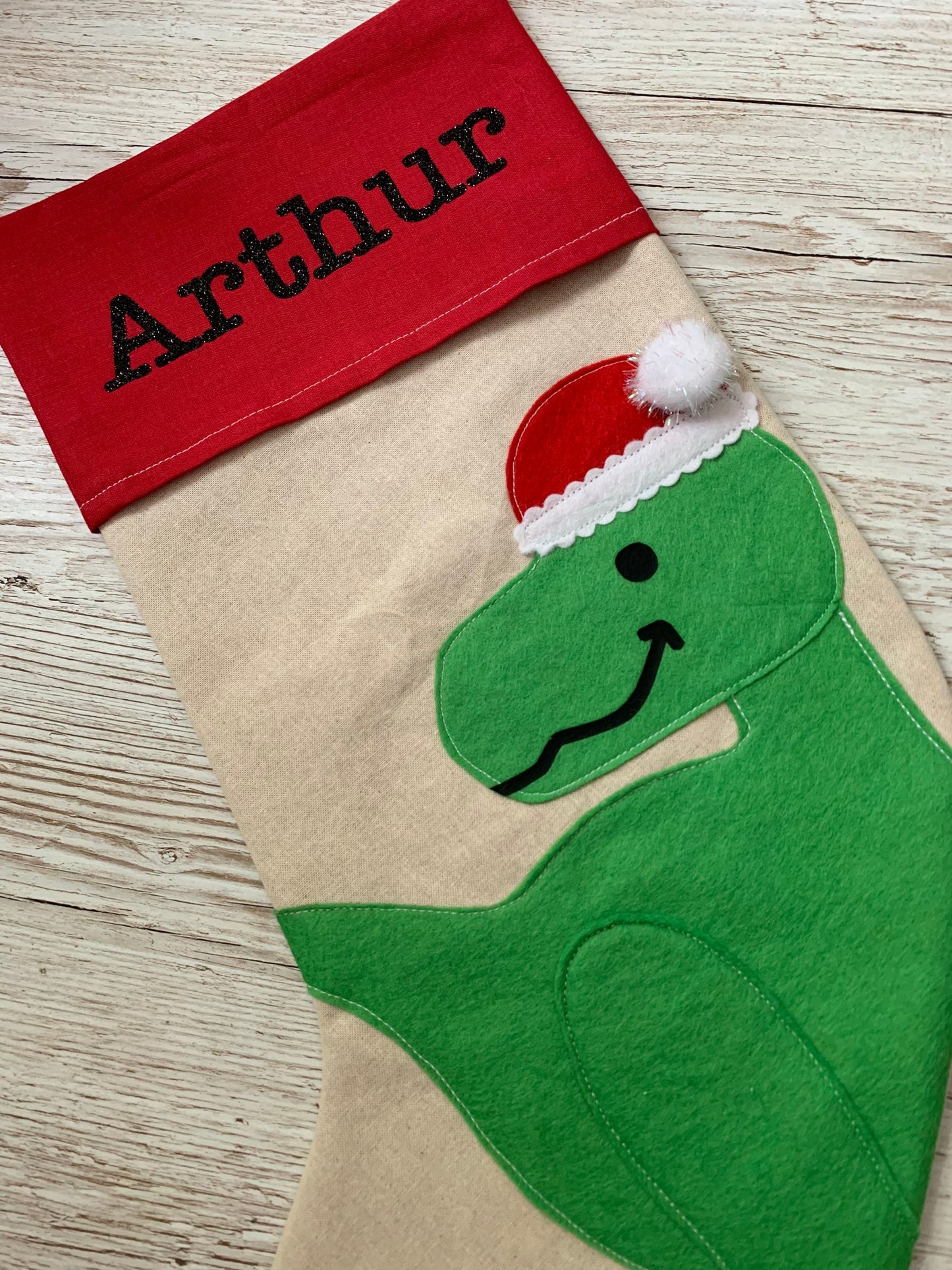 Personalised dinosaur Christmas stocking, Christmas Dino stocking, dinosaur stocking