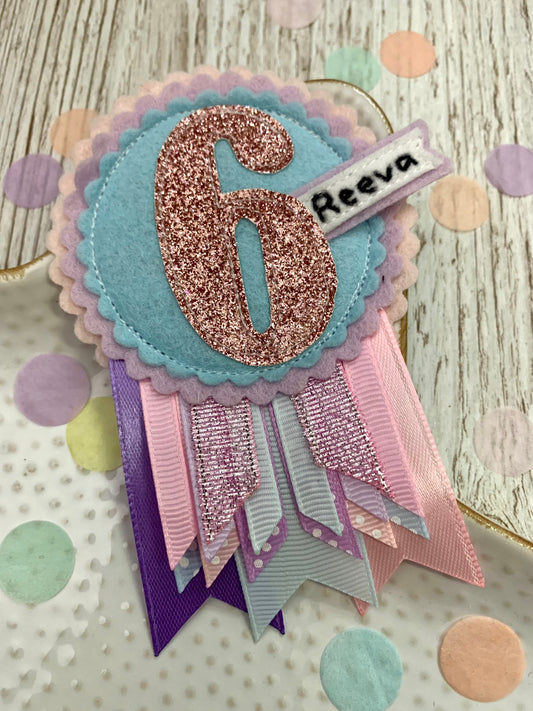 Pastel personalised age birthday badge rosette, birthday badge, personalised birthday badge, pink and lilac birthday badge