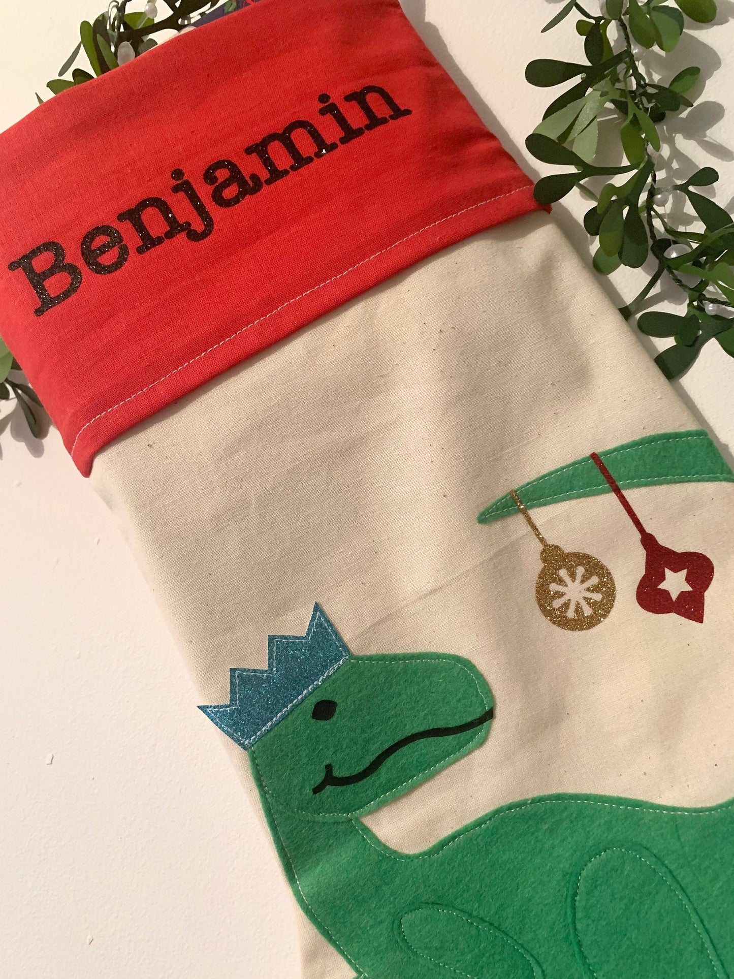 Personalised dinosaur Christmas stocking, Christmas Dino stocking, dinosaur stocking