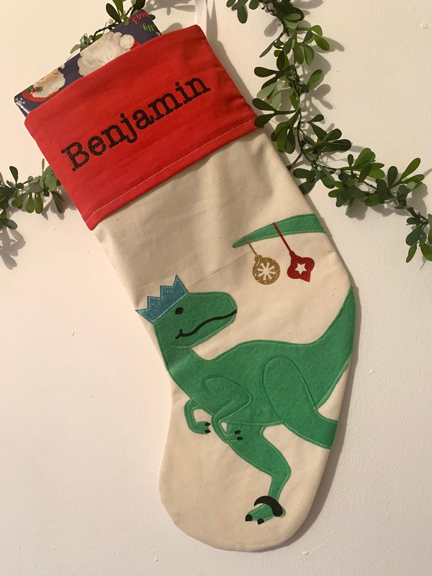 Personalised dinosaur Christmas stocking, Christmas Dino stocking, dinosaur stocking