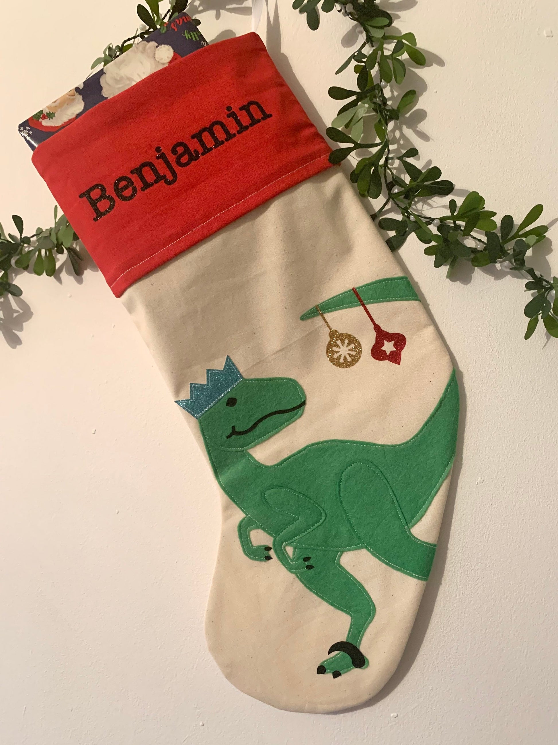 Personalised dinosaur Christmas stocking, Christmas Dino stocking, dinosaur stocking
