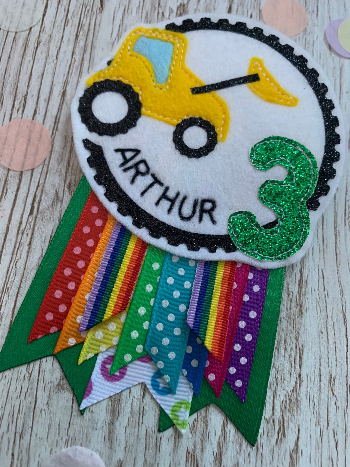Personalised birthday badge rosette, birthday badge, car birthday badge, boat birthday badge, digger birthday badge