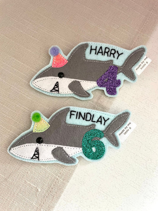 Shark birthday badge, personalised shark birthday badge, birthday badge
