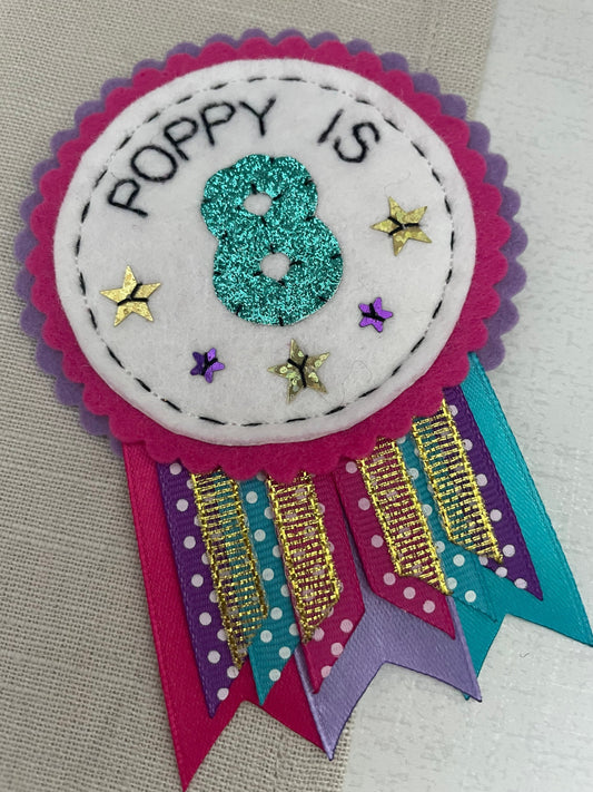 Personalised birthday badge rosette, birthday badge, personalised birthday badge, name birthday badge, pink purple and teal birthday badge