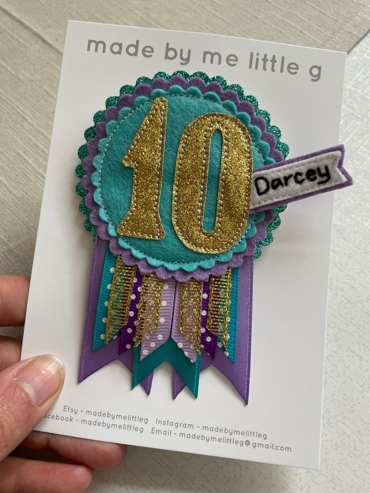 Birthday badge, purple teal and gold personalised age birthday rosette, birthday badge, gold birthday badge