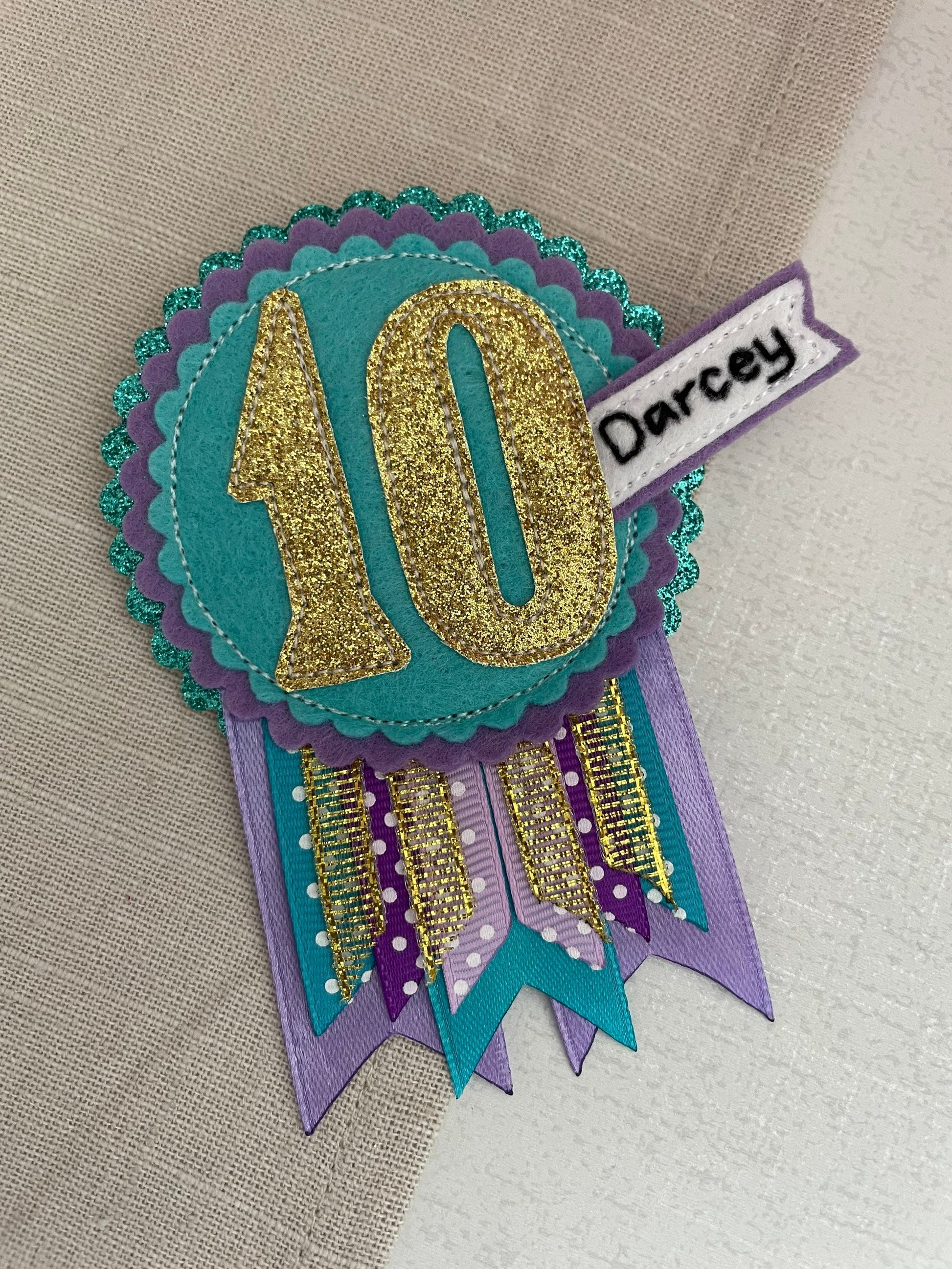 Birthday badge, purple teal and gold personalised age birthday rosette, birthday badge, gold birthday badge