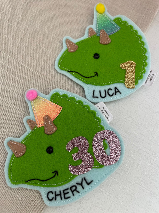 Triceratops personalised birthday badge, birthday badge, personalised birthday badge, dinosaur birthday, dinosaur birthday badge