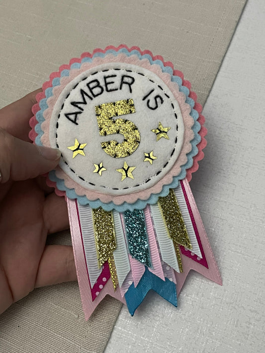 Pastel personalised birthday badge rosette, birthday badge, personalised birthday badge, name birthday badge, pink blue and gold birthday