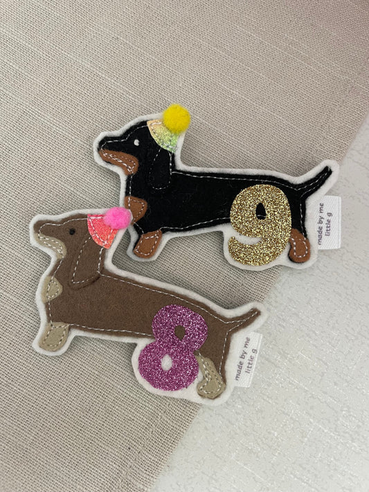 Sausage dog birthday badge, PLEASE READ INFO, personalised dachshund birthday badge, birthday badge, sausage dog badge, dachshund birthday