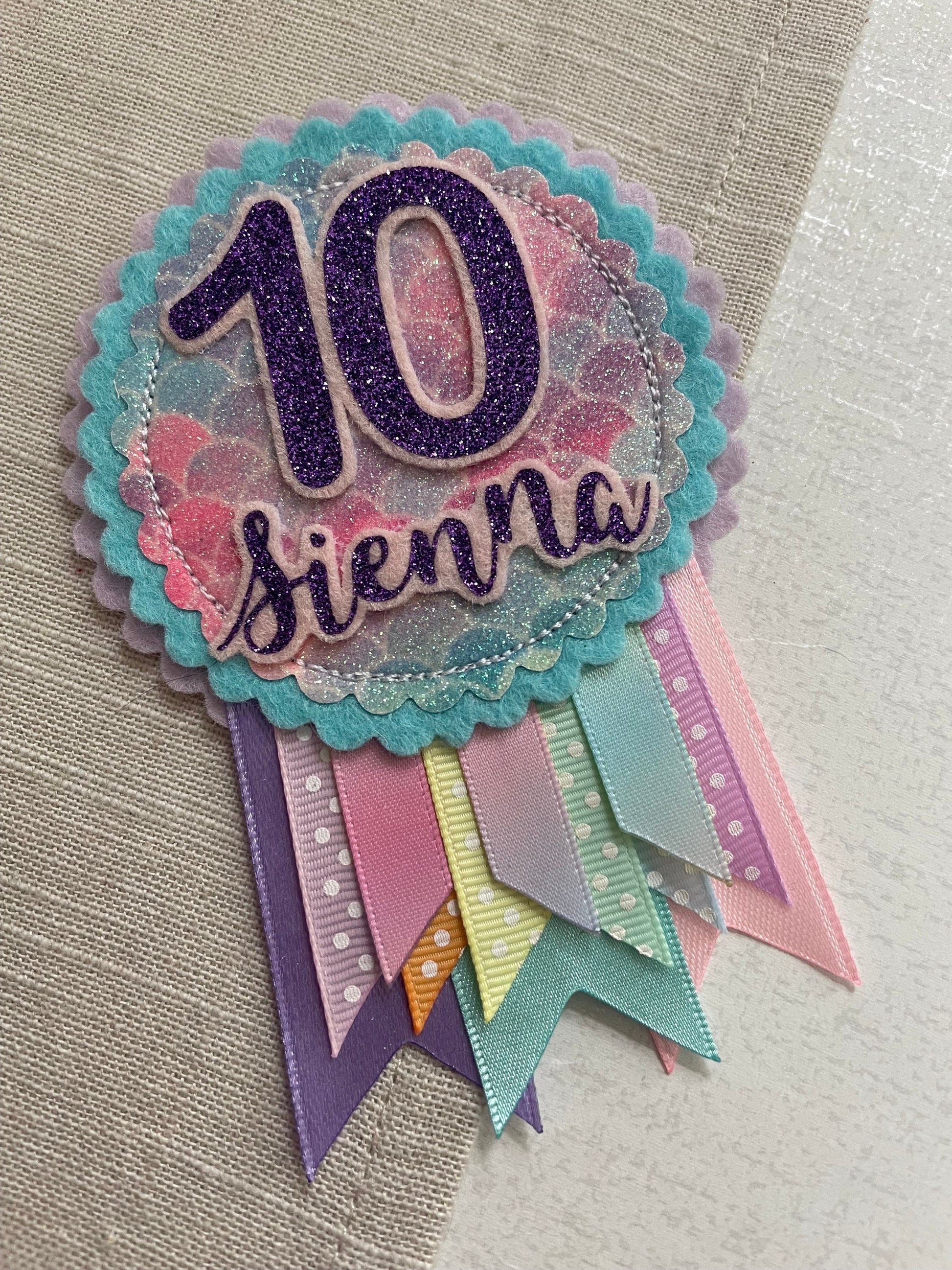 Pastel mermaid rainbow personalised birthday badge rosette, birthday badge, personalised birthday badge, mermaid birthday badge