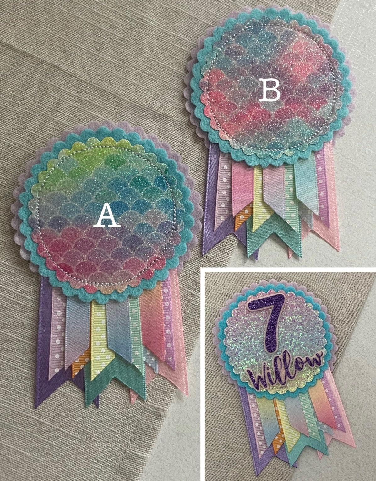 Pastel mermaid rainbow personalised birthday badge rosette, birthday badge, personalised birthday badge, mermaid birthday badge