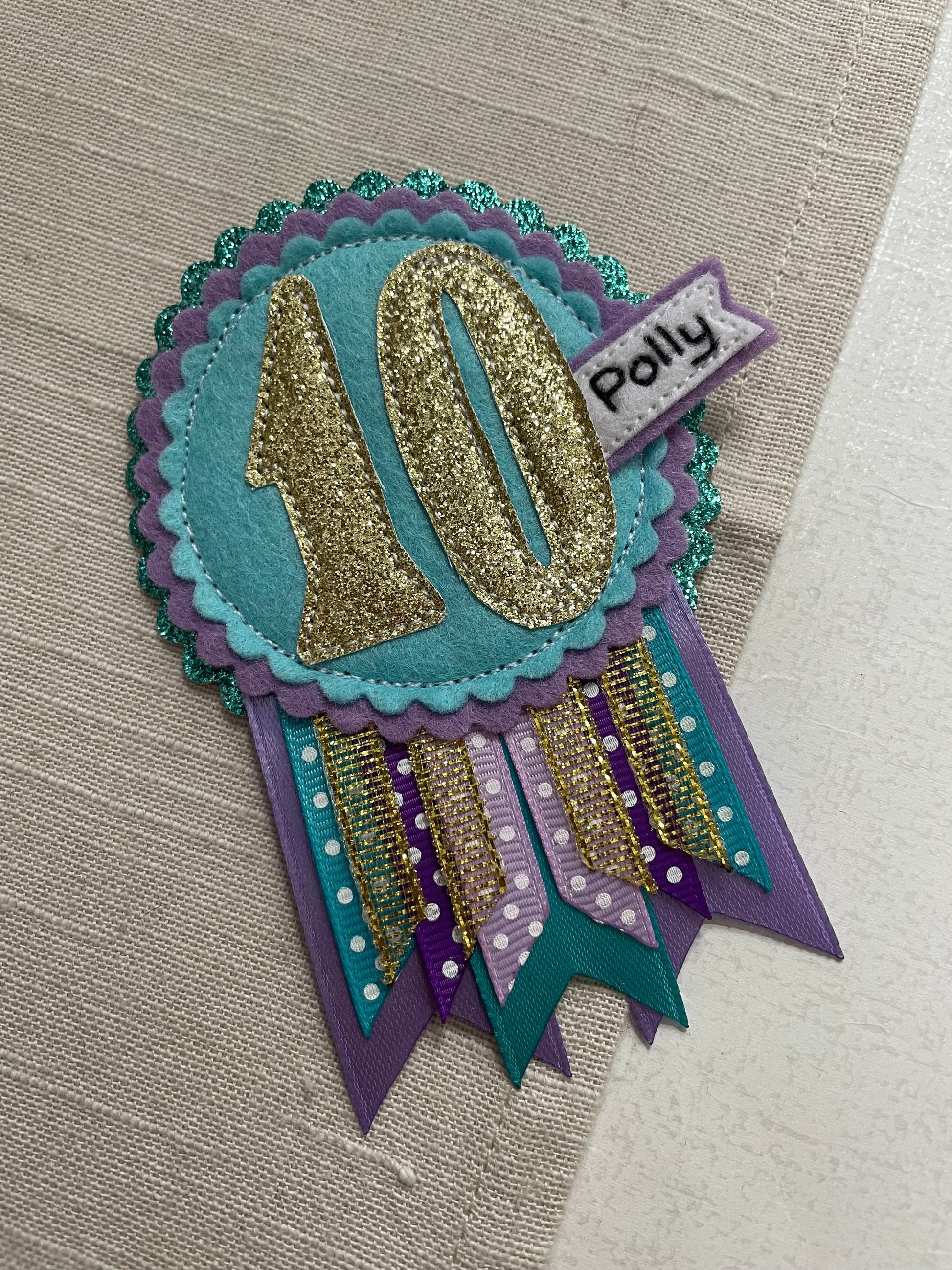 Birthday badge, purple teal and gold personalised age birthday rosette, birthday badge, gold birthday badge