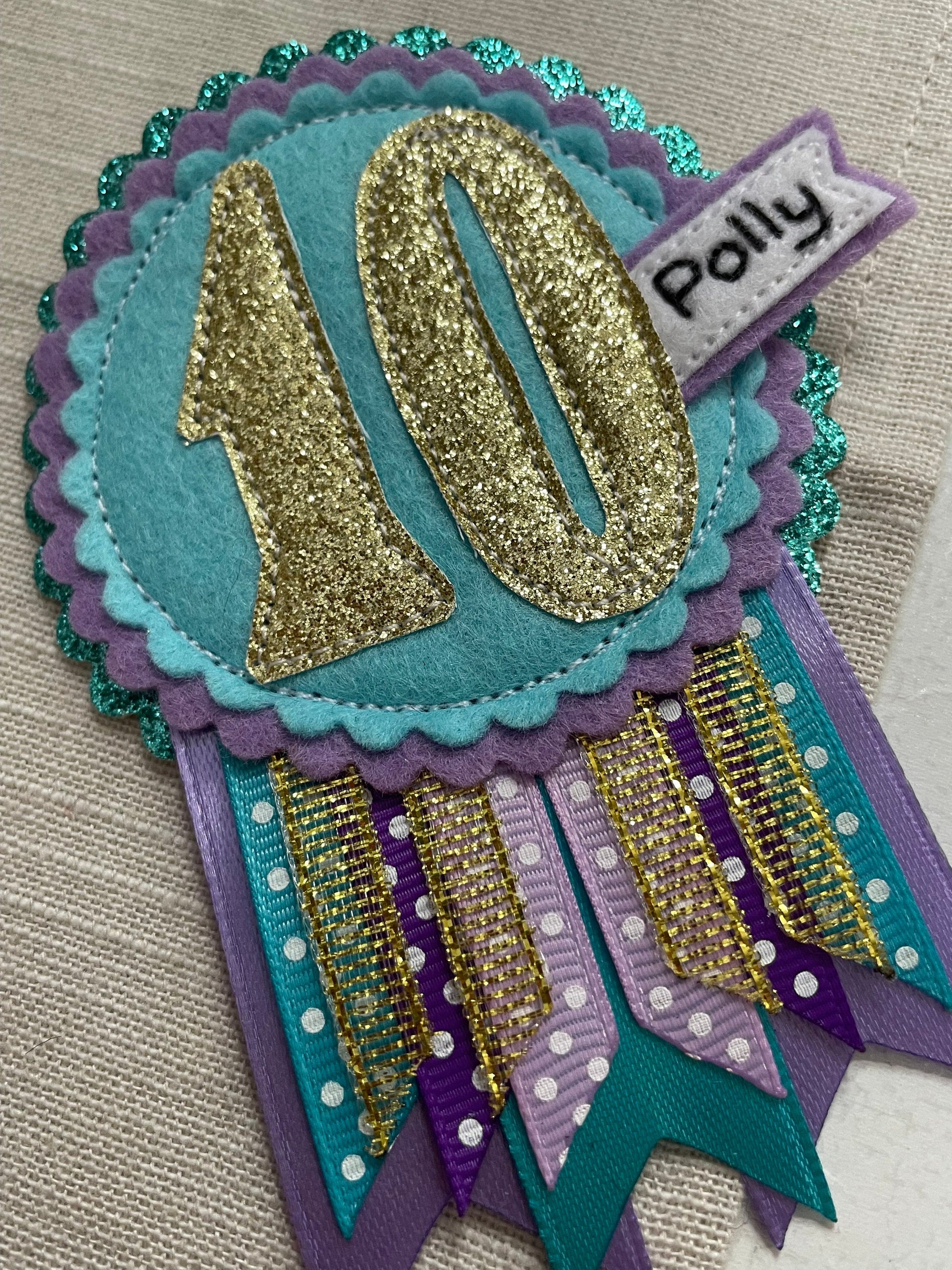 Birthday badge, purple teal and gold personalised age birthday rosette, birthday badge, gold birthday badge