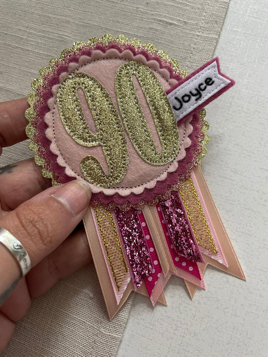 Birthday badge, pinks and gold personalised age birthday rosette, birthday badge, gold birthday badge